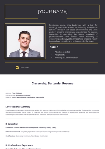 Free Cruise Ship Bartender Resume to Edit Online