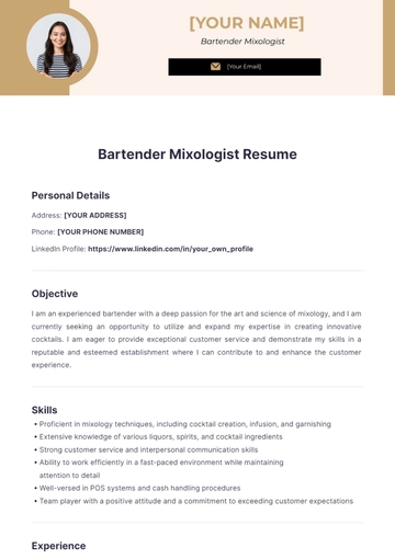 Free Bartender Mixologist Resume to Edit Online