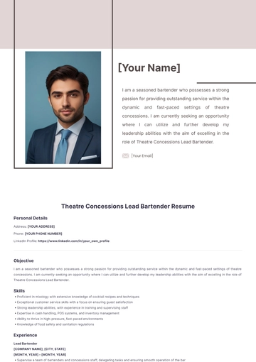 Free Theatre Concessions Lead Bartender Resume to Edit Online