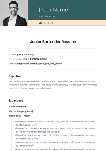Free Junior Bartender Resume to Edit Online