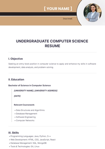 Free Undergraduate Computer Science Resume to Edit Online