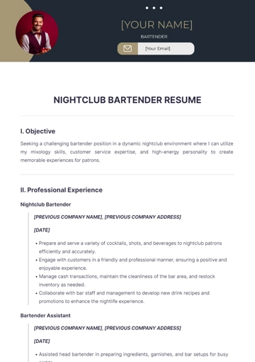 Free Nightclub Bartender Resume to Edit Online