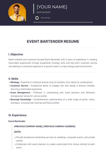 Free Event Bartender Resume to Edit Online