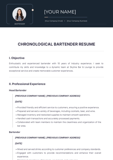 Free Chronological Bartender Resume to Edit Online