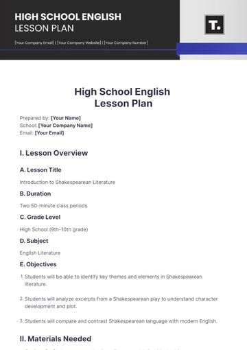 Free High School English Lesson Plan Template to Edit Online