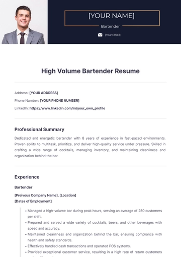 Free High Volume Bartender Resume to Edit Online