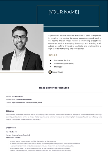 Free Head Bartender Resume to Edit Online