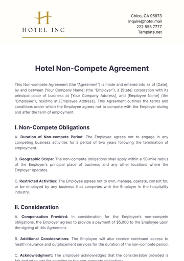 Free Hotel Non-compete Agreement Template to Edit Online