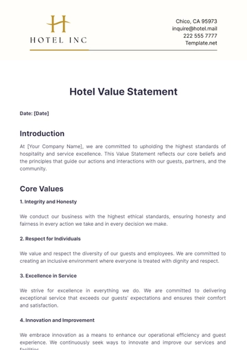 Free Hotel Value Statement Template to Edit Online