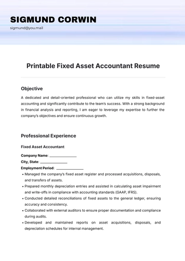 Free Printable Fixed Asset Accountant Resume Template to Edit Online
