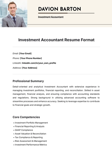 Free Investment Accountant Resume Format Template to Edit Online