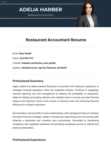Free Restaurant Accountant Resume Template to Edit Online