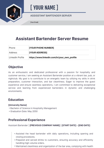 Free Assistant Bartender Server Resume to Edit Online