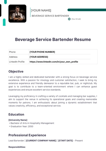 Free Beverage service bartender resume to Edit Online