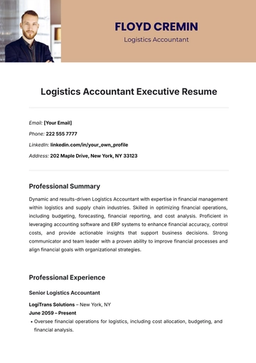 Free Logistics Accountant Executive Resume Template to Edit Online
