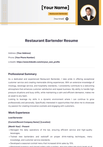 Free Restaurant bartender resume to Edit Online