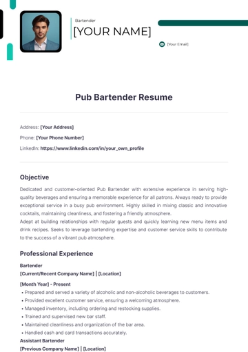Free Pub bartender resume to Edit Online