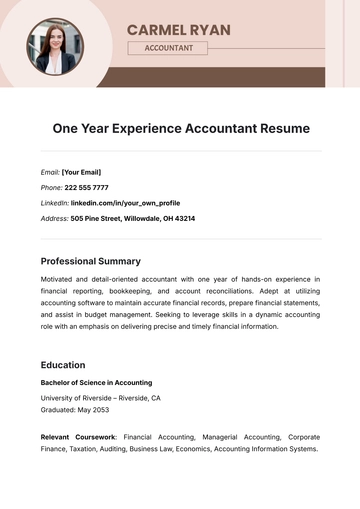 Free One Year Experience Accountant Resume Template to Edit Online
