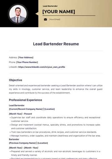 Free Lead bartender resume to Edit Online