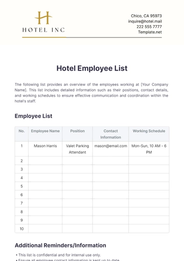 Free Hotel Employee List Template