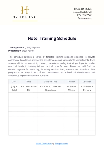 Free Hotel Training Schedule Template to Edit Online