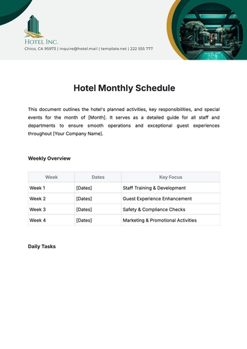 Free Hotel Monthly Schedule Template to Edit Online