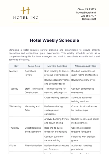 Free Hotel Weekly Schedule Template to Edit Online