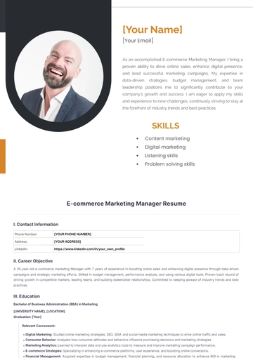 Free Ecommerce Marketing Manager Resume to Edit Online