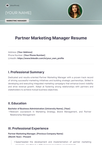 Free Partner Marketing Manager Resume to Edit Online