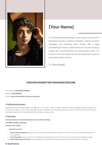 Free Fashion Marketing Manager Resume to Edit Online