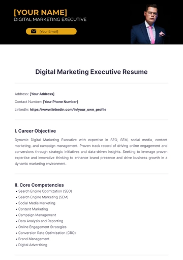 Free Digital Marketing Executive Resume to Edit Online