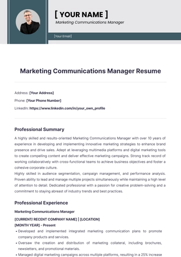 Free Marketing Communications Manager Resume to Edit Online