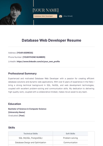 Free Database Web Developer Resume to Edit Online