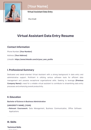 Free Virtual Assistant Data Entry Resume to Edit Online