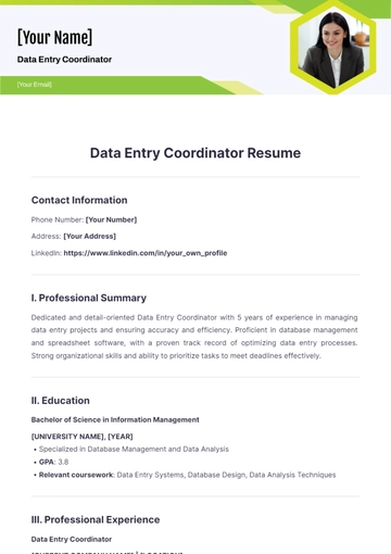 Free Data Entry Coordinator Resume to Edit Online