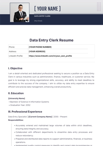Free Data Entry Clerk Resume to Edit Online