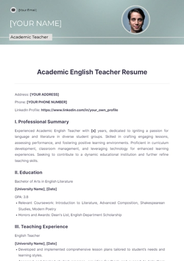 Free Academic English Teacher Resume to Edit Online