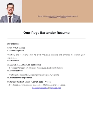 Free One Page Bartender Resume to Edit Online