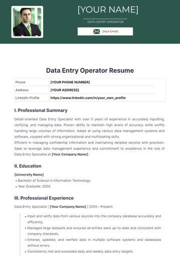 Free Data Entry Operator Resume to Edit Online