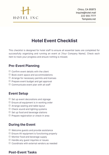 Free Hotel Event Checklist Template to Edit Online