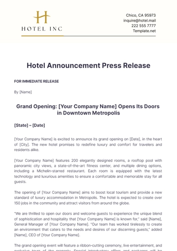 Free Hotel Announcement Press Release Template to Edit Online