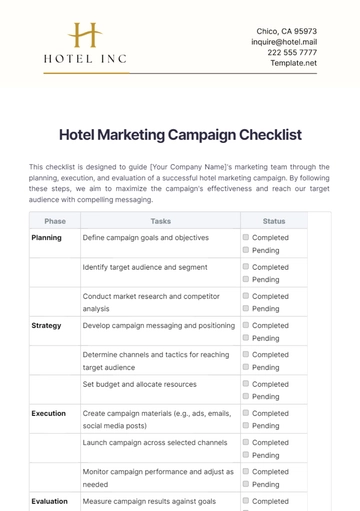 Free Hotel Marketing Campaign Checklist Template to Edit Online