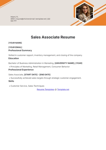 Free Sales Associate One Page Resume to Edit Online