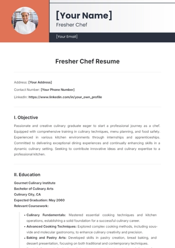 Free Fresher Chef Resume Template to Edit Online