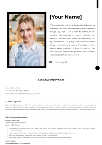 Free Executive Pastry Chef Resume Template to Edit Online
