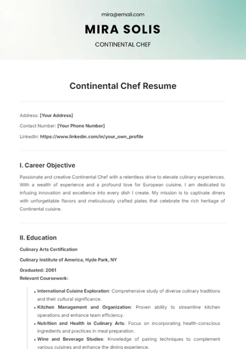 Free Continental Chef Resume Template to Edit Online
