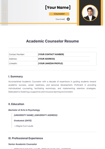 Free Academic Counselor Resume to Edit Online
