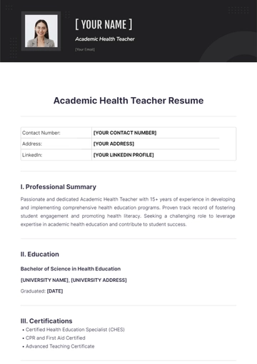 Free Academic Health Teacher Resume to Edit Online