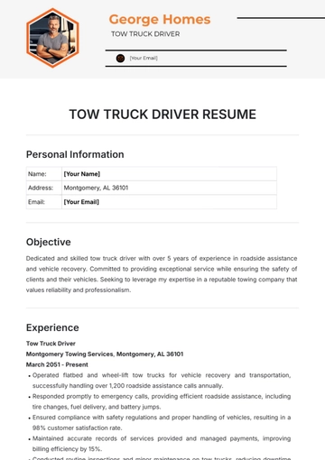 Free Tow Truck Driver Resume Template to Edit Online