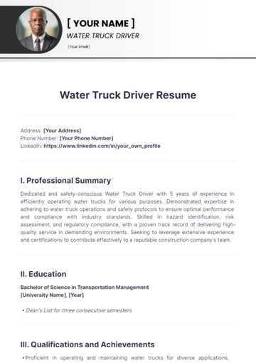 Free Water Truck Driver Resume to Edit Online